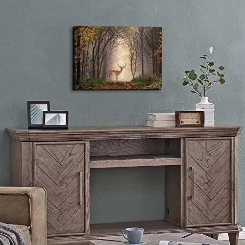 Wild Animal Landscape Canvas Wall Art Deer in Autumn Foggy Forest Picture Wall - Image 3