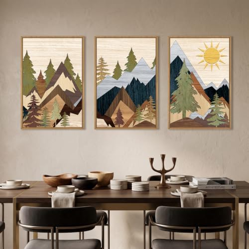 Ausri Boho Mountain Pine Tree Framed Canvas Wall Art Set -16"x24"x3 - Image 2