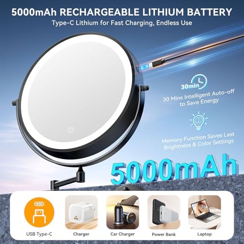 Auxmir 10″ 5000mAh 1X/30X Wall Mounted Lighted Magnifying Makeup Mirror - Image 3
