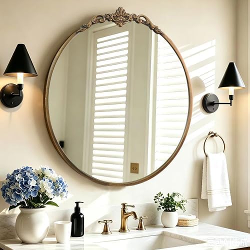 Traditional Round Wall Mirror, 19x18 Inch, Circle Brushed Black Antique Mirror - Image 6