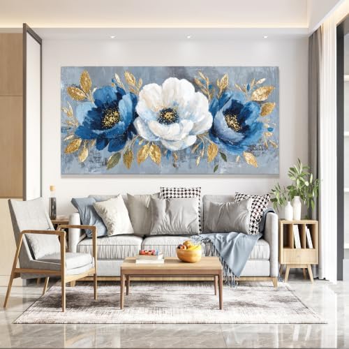 Large Blue White Floral Canvas Wall Art Decor - Image 4