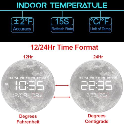 Digital Wall Clock, LED Moon/Earth Design, Temperature Display, 7.87 x 7.87 - Image 5