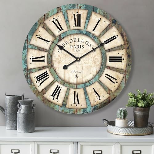 24 Inch Vintage Wall Clock, Roman Numerals Style, Battery Operated, Non-Ticking by ErunerHomeDecor