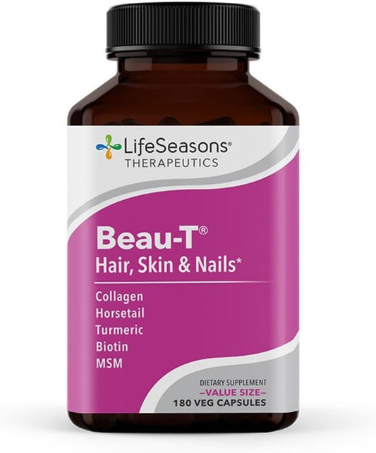 LifeSeasons Beau-T - Hair, Nail, & Skin Supplement - Promotes Healthy Hair and Nail Growth - Supports Clear Skin & Fights Acne - Nail Strengthener - Contains Biotin Collagen Turmeric - 180 Capsules