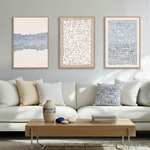 SAFERRYHOME Blue Neutral Contrast Abstract Boho Wall Art, 3 Panels 24"x36" by SAFERRYHOME