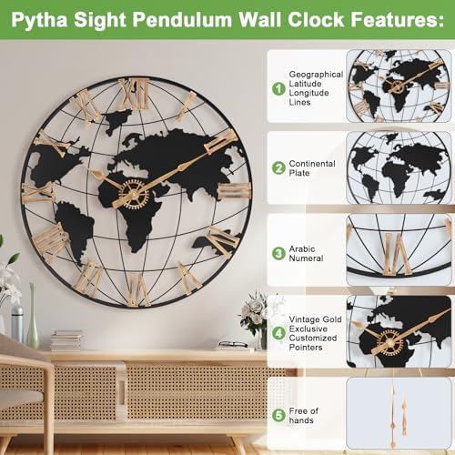 Pytha Sight 24 Inch Large World Map Vintage Gold Roman Numerals Wall Clock - Image 2