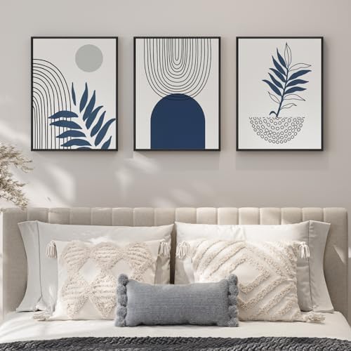Framed Blue Mid Century Boho Botanical Canvas Wall Art Bedroom, 12x16 Inch by Cuspin