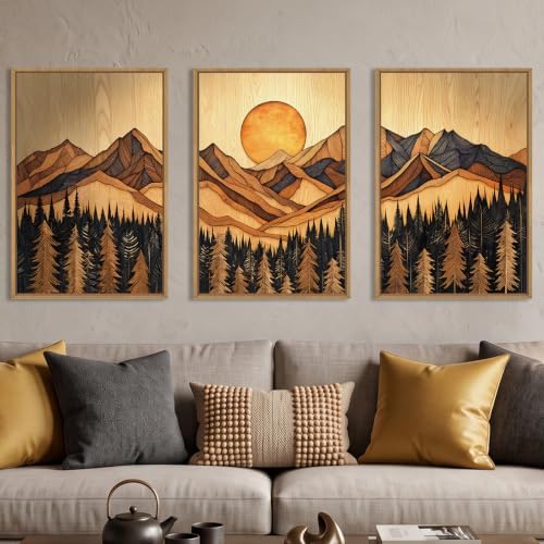 Boho Mountain Woodcut Framed Canvas Wall Art Set -16"x24"x3 by Ausril