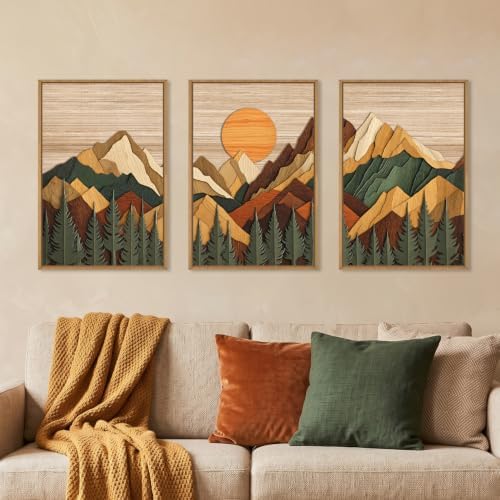 Boho Woodcut Style Mountain Framed Canvas Wall Art Set-24"x36"x3 by Celestdeco