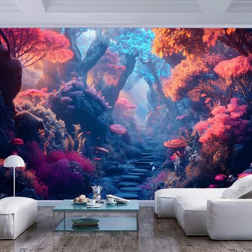 Colorful 3D Wallpapers Mural Fantasy Forest Trees Mushrooms Path Surreal Style by Unknown