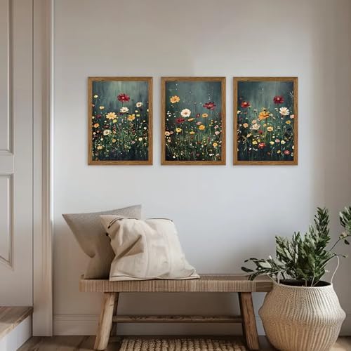 Urmoya Triptych Colorful Wildflower Meadow Framed Canvas Wall Art, 12x16 in - Image 2