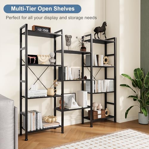 DUMOS Triple Column 4 Tier Bookshelf, Wide Industrial Bookcase - Image 3