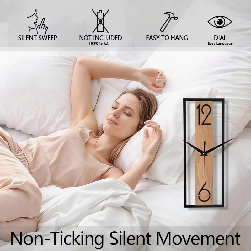 Modern Rectangular Wall Clock 12 Inch, Minimalist Wooden & Black Frame Silent - Image 6