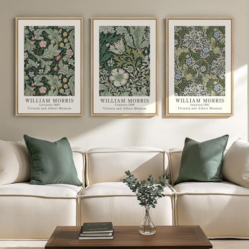 Framed William Morris Green Floral Canvas Wall Art Set of 3, 16x24 In - Image 2