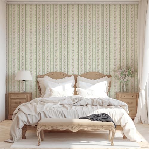 RollsRolla Green Stripe Peel and Stick Wallpaper Featuring Pink Floral - Image 5