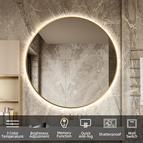 32" H x 32" W Gold Framed Round LED Backlit Mirror - Image 6