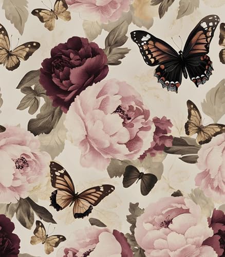 Laatse Beige Pink Butterfly Floral Peel and Stick Wallpaper 17.5"x393" by Laatse