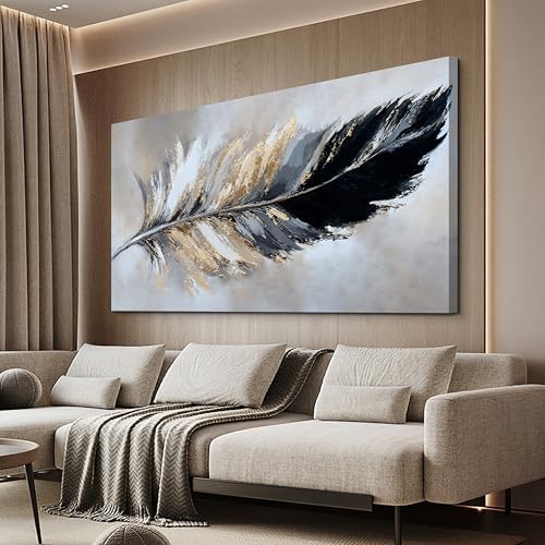 YISXINOAG Black Gold Abstract Wall Art Minimalist Feather Canvas 29"X58" by YISXINOAG