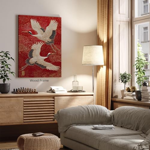 Retro Japanese Canvas Wall Art Funny Oriental Crane Posters Red And Gold Bird - Image 4