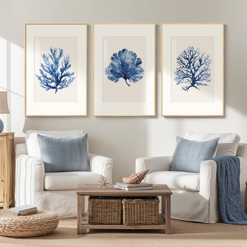 3 Piece Framed Coastal Ocean Blue Coral Wall Art - Image 3