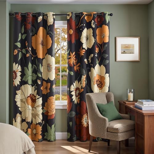 jinchan Black Boho Floral Blackout Curtains 90 Inch Grommet 2 Panels - Image 2
