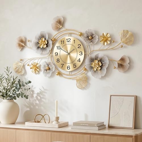 33" 3D Ginkgo Wall Clock with Sculpted Metal Leaves by JXQXYN