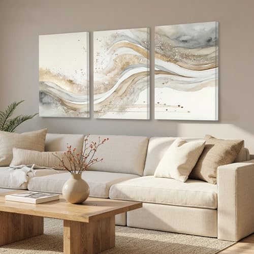 AVECCO Triptych Abstract Gold Grey Wave Wrapped Wall Art Canvas 20x30 Inch - Image 5
