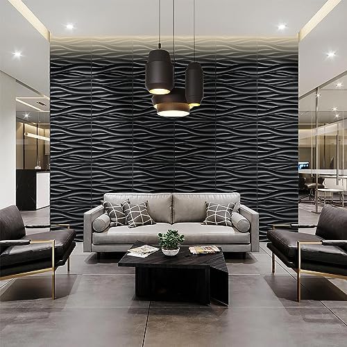 STICKGOO Black 3D Wall Panels, Wave Design, 19.7''x19.7'' - Image 3