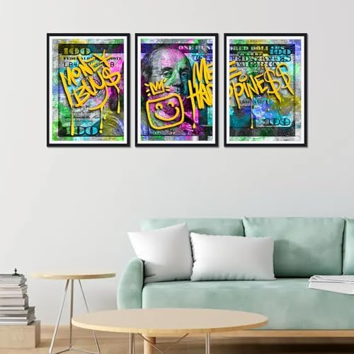 Black Framed Canvas Wall Art 100 Dollar Money Buy Me Happiness Painting 3 Panels - Image 3