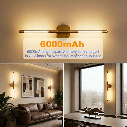 Rechargeable Wall Sconces, 2 Pack, 360° Dual Bars, 23-Inch Gold - Image 4