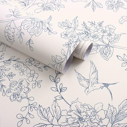 Froluya Cream White and Blue Peel and Stick Wallpaper Floral Contact Paper by Froluya