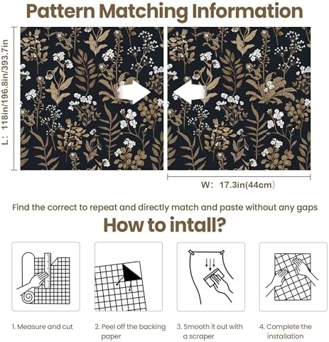 Vintage Peel and Stick Wallpaper Dark Floral Contact Paper 17.3" x 393.7" - Image 6