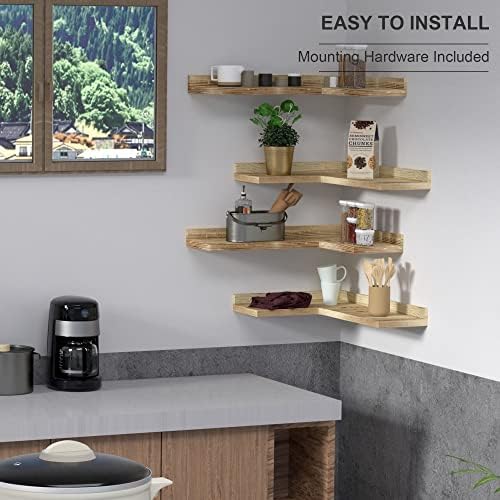 4 Tier Corner Floating Shelves Set of 4, Rustic Pine Wood Corner Shelves - Image 5