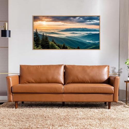 LHIUEM Large Nature Mountain Sunrise Framed Canvas Wall Art, Modern Misty Tree - Image 2