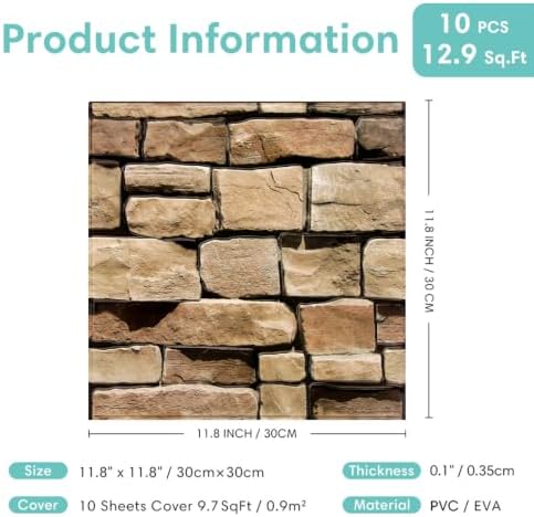 Commomy 3D Faux Stone Peel and Stick Wall Sticker 10 Pcs 11.8" x 11.8" - Image 6