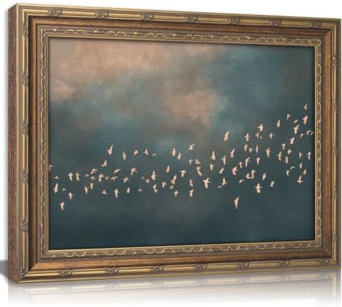 Vintage Gold Framed Flock of Birds in Flight Wall Art, Abstract Teal and Blush by HPZFEIJJWallArt