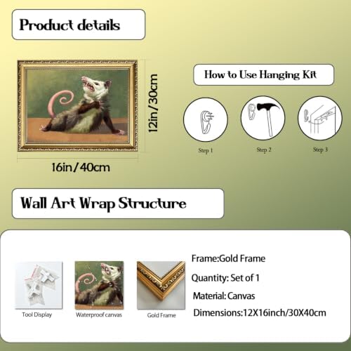 Gold Framed Funny Opossum Wall Art, Whimsical Possum Wall Decor Painting Cute - Image 4