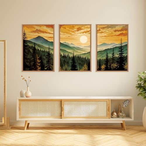 LHIUEM Large Boho Sunset Mountain Framed Canvas Wall Art, Retro Pine Tree Wall - Image 4