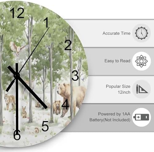 Forest Wood Wall Clock, Cartoon Forest Nature Animal Bear, Rabbit Style Pattern - Image 3