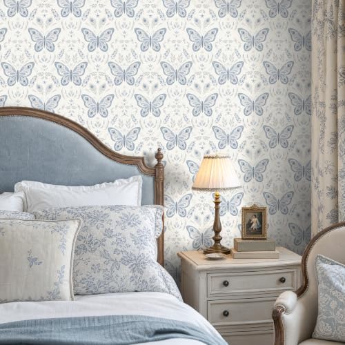 Laatse Symmetrical Butterfly Wallpaper Peel and Stick 17.5"x118", Cream Blue - Image 6