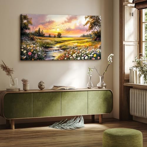 crmotu Rustic Wildflowers Wall Decor, Riverside Sunset Prints 24X48 In - Image 2