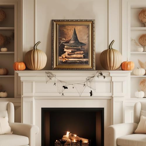 uniro Vintage Gold Framed Wall Art, Vintage Witch Hat Books Halloween Painting - Image 2