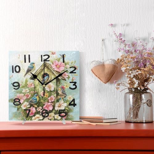 8 Inch Square Wall Clock, Lovely Flowers Birdhouse Birds Family Non Ticking - Image 4