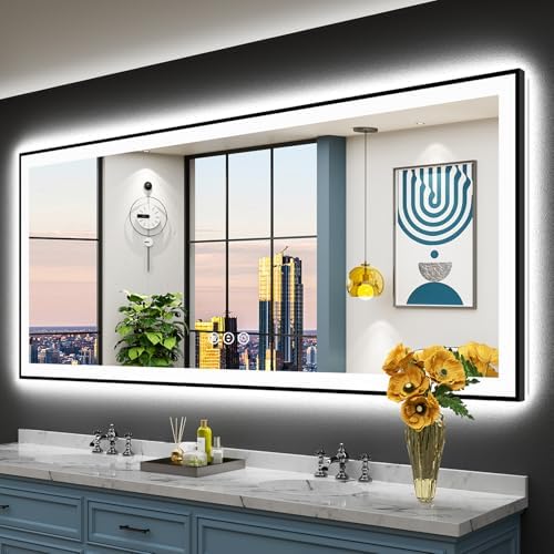 84x32 Black LED Bathroom Mirror, Backlit & Front Lit Lighted Mirror by Awandee