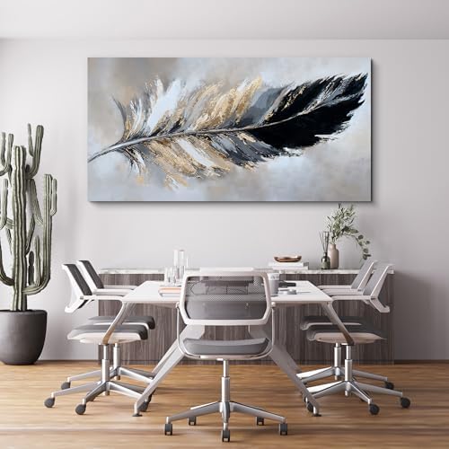 YISXINOAG Black Gold Abstract Wall Art Minimalist Feather Canvas 29"X58" - Image 3