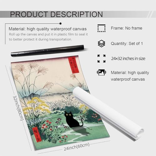 enttgo Japanese Canvas Wall Art Funny Black Cat Poster Modern Ukiyo-e Decor - Image 2