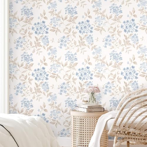 Heroad Boho Floral Wallpaper Blue/Beige Peel and Stick Wallpaper Neutral Leaf - Image 6