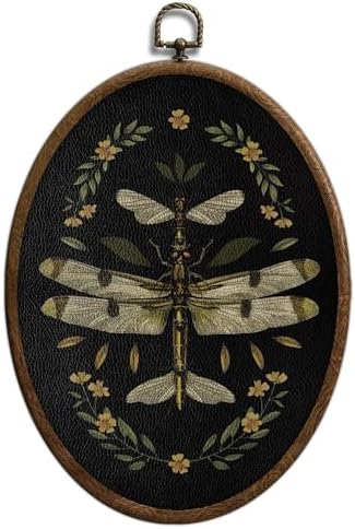 Vintage Dragonfly Flower Oval Wall Art, Dark Moody Oval Framed Wall Art by Unknown
