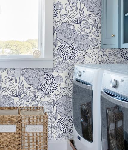 Wudnaye Navy Blue and White Floral Peel and Stick Wallpaper 16.9"×78.7" - Image 3