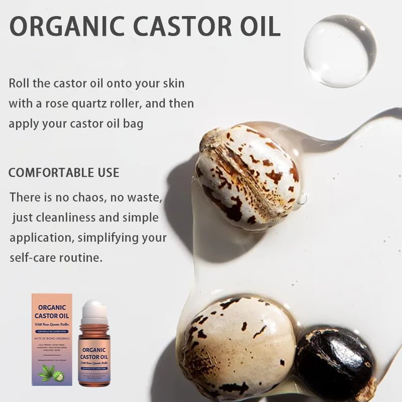 Organic Castor Oil Roll-On with Rose Quartz Roller, 1.7 fl oz – 100% Pure & Cold-Pressed, Hexane-Free, Extra Virgin Golden Oil for Skin, Brows, Lashes & Mess-Free Castor Packs